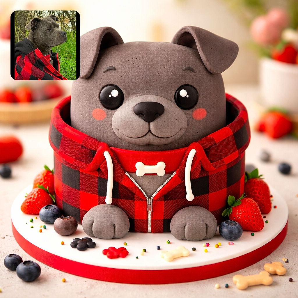 A dignified gray dog wearing a red and black checkered jacket sits outdoors in lush green grass, looking thoughtfully off to the side with a serene natural background of trees and water.