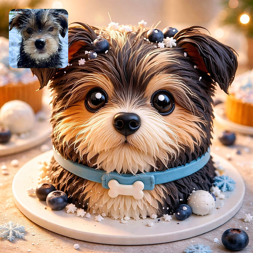 A close-up of an adorable scruffy puppy with snowflakes sprinkled on its nose and whiskers, looking curiously into the camera with a snowy background that adds a chilly charm.