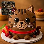 A curious tabby cat with striking green eyes and a red collar stares directly into the camera, its whiskers fanning out like delicate brush strokes. The cozy room behind it is softly blurred, creating a warm, intimate atmosphere perfect for a feline portrait.