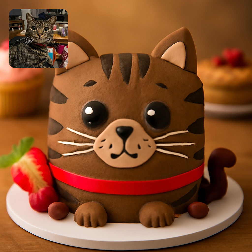 A curious tabby cat with striking green eyes and a red collar stares directly into the camera, its whiskers fanning out like delicate brush strokes. The cozy room behind it is softly blurred, creating a warm, intimate atmosphere perfect for a feline portrait.