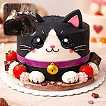 A cozy black and white cat is napping peacefully on a striped blanket, with a curious guinea pig peeking over a brown fuzzy couch. In the background, a plush sloth and dog add a touch of whimsy to this snug little scene.