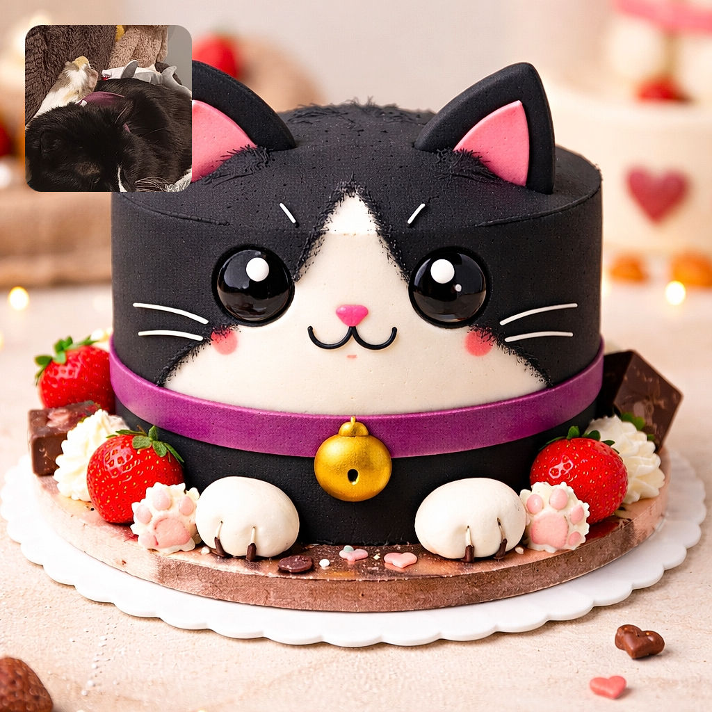 A cozy black and white cat is napping peacefully on a striped blanket, with a curious guinea pig peeking over a brown fuzzy couch. In the background, a plush sloth and dog add a touch of whimsy to this snug little scene.