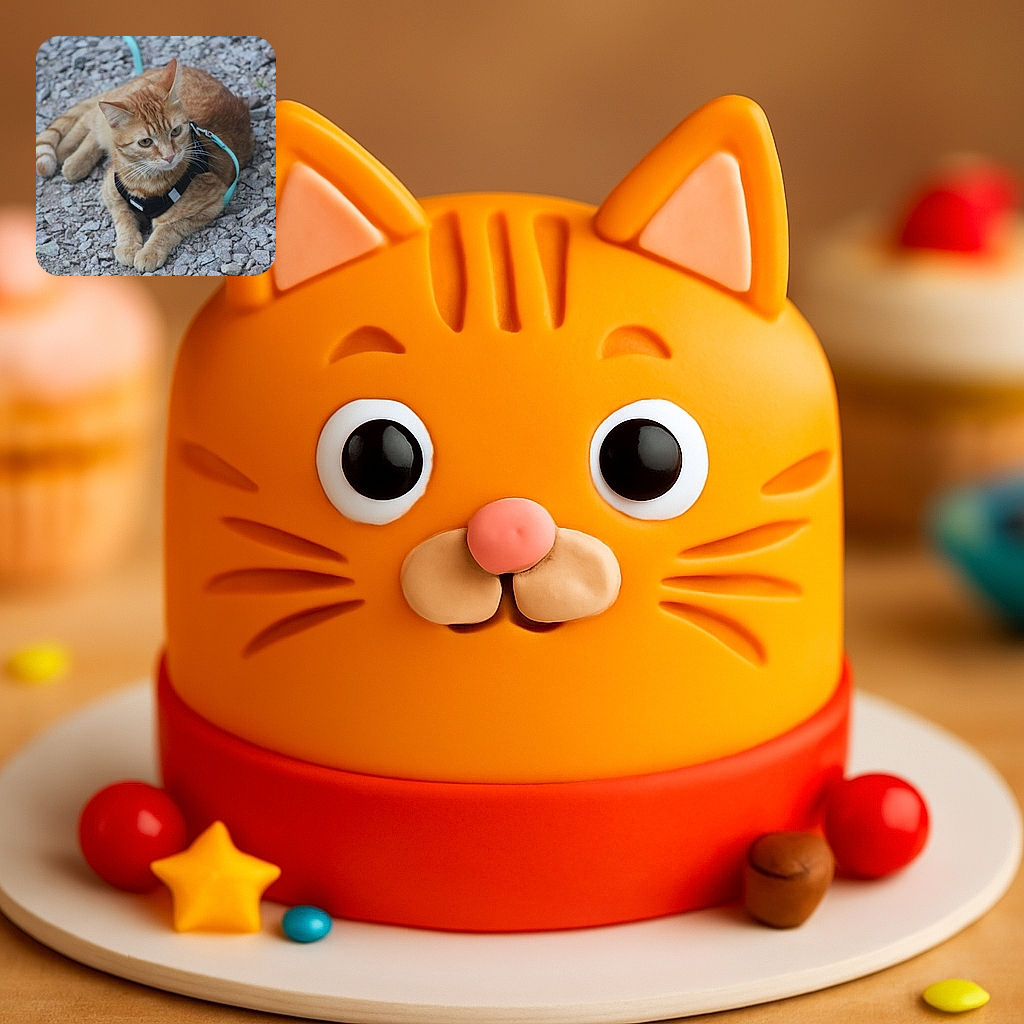 An orange tabby cat wearing a black harness and turquoise leash is lying on a gravel surface, looking attentively to the side with a calm expression.