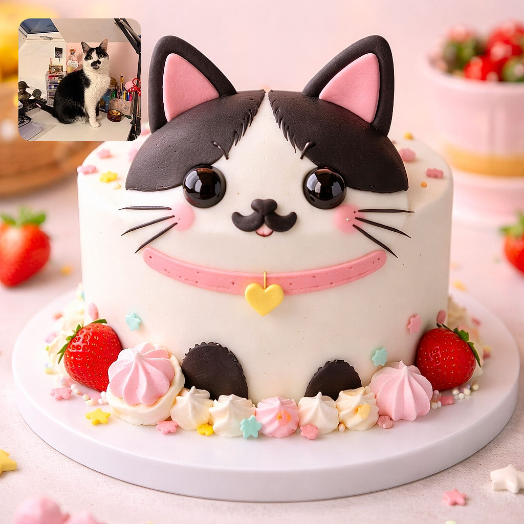 A dapper black-and-white cat sits proudly on a tidy desk like it owns the stationery business — big curious eyes, dramatic facial markings that look like a moustache, surrounded by pens, a lamp, tiny trinkets and a skylight. It’s the kind of regal chaos only a cat could style.