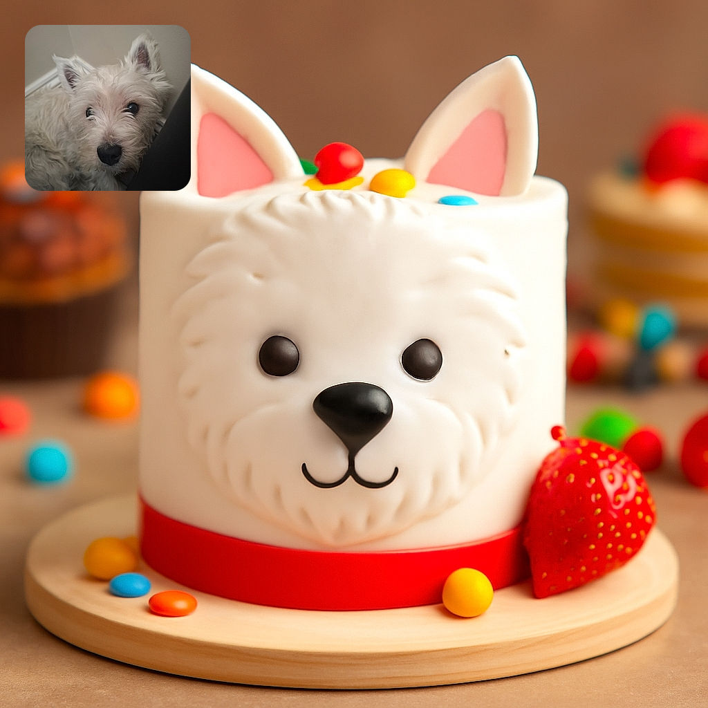 A close-up photo of a fluffy white dog with expressive dark eyes and a black nose, resting comfortably against a wall and a dark object, with soft lighting highlighting its textured fur.