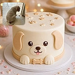 A fluffy cream-colored puppy sits on the tiled floor by the doorway, gazing at a tiny floor surprise as if conducting a very serious household inspection. Its curled tail and round puppy shape make it look like a soft, furry comma.