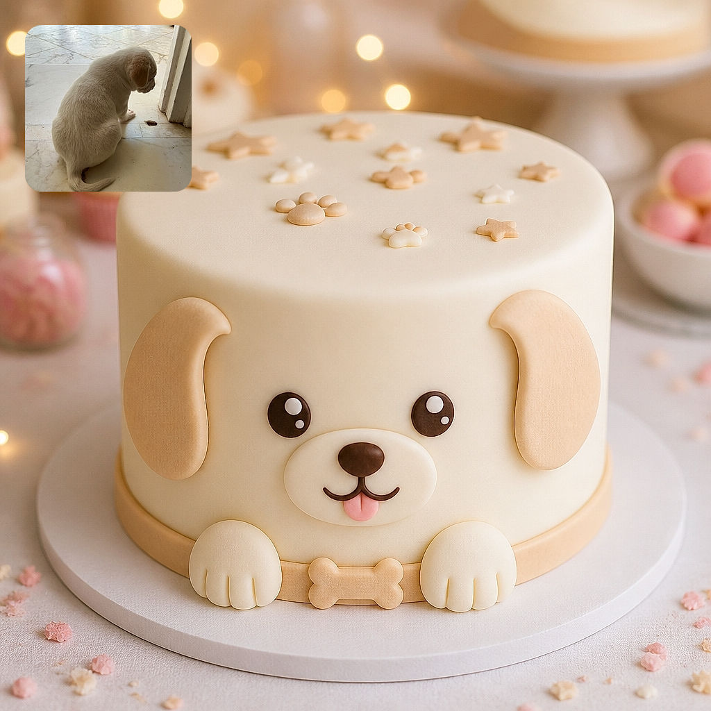 A fluffy cream-colored puppy sits on the tiled floor by the doorway, gazing at a tiny floor surprise as if conducting a very serious household inspection. Its curled tail and round puppy shape make it look like a soft, furry comma.