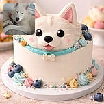 A fluffy white dog, possibly a husky, lounging comfortably on a textured blanket with a slightly sleepy or relaxed expression, tongue peeking out just a bit. The background shows a wall with framed pictures. The photo has a watermark text overlay at the bottom left corner.