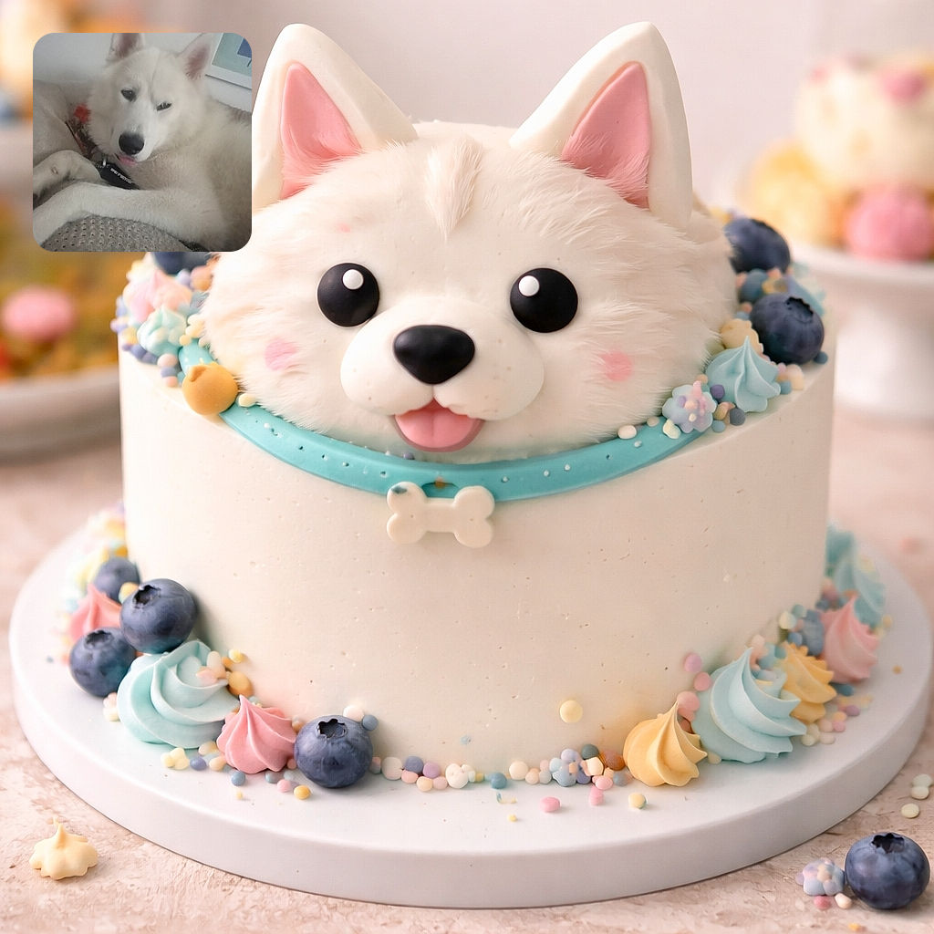 A fluffy white dog, possibly a husky, lounging comfortably on a textured blanket with a slightly sleepy or relaxed expression, tongue peeking out just a bit. The background shows a wall with framed pictures. The photo has a watermark text overlay at the bottom left corner.