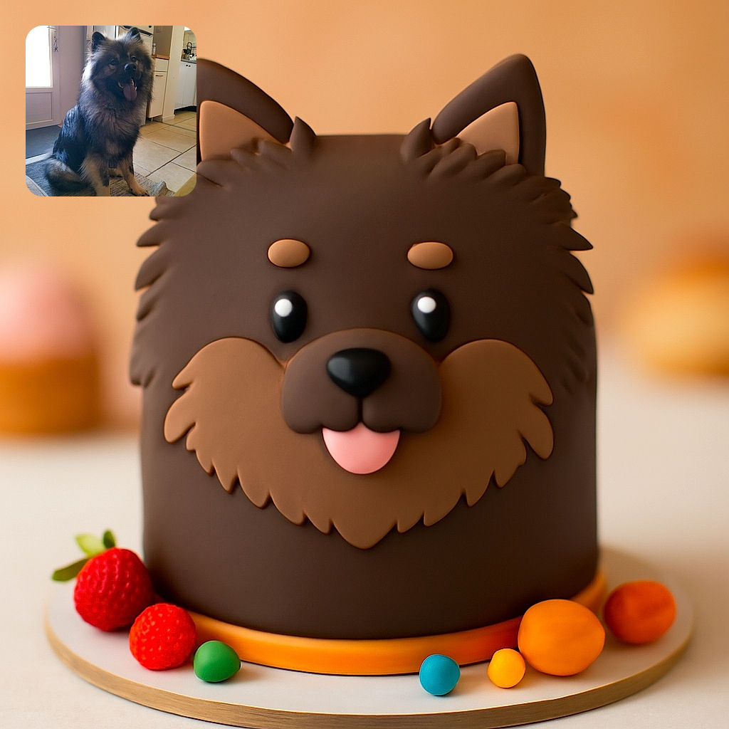 A fluffy, happy dog with its tongue out sits comfortably on a rug in a cozy kitchen, soaking in the soft natural light coming from a nearby door.