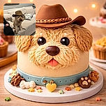 A fluffy dog sporting a cowboy hat sits on a beige couch, looking like the sheriff of the living room with a calm and slightly serious expression. The cozy setting includes a patterned pillow and a person partially visible nearby.
