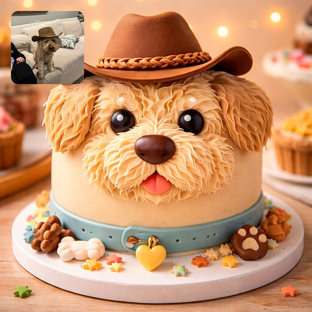 A fluffy dog sporting a cowboy hat sits on a beige couch, looking like the sheriff of the living room with a calm and slightly serious expression. The cozy setting includes a patterned pillow and a person partially visible nearby.