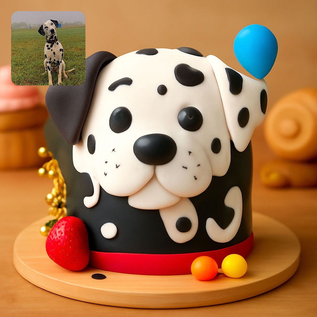 A charming Dalmatian dog sits attentively on a grassy field, tilting its head curiously as if pondering the meaning of life or just waiting for a treat. The foggy background adds a mysterious yet peaceful vibe to this adorable canine portrait.