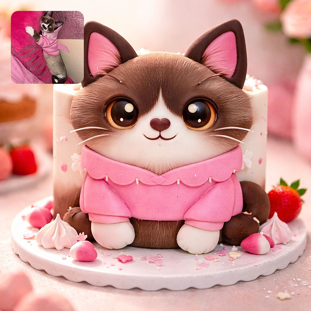 A sassy Siamese-mix cat in a pink hoodie clings to a sparkly hot-pink pillow like it owns the place, staring up at the camera with glowing eyes. The scene is a pink-on-pink extravaganza — textured wallpaper, plush blankets, and a floral rag doll peeking from the corner — perfect for a royal nap or dramatic escape.