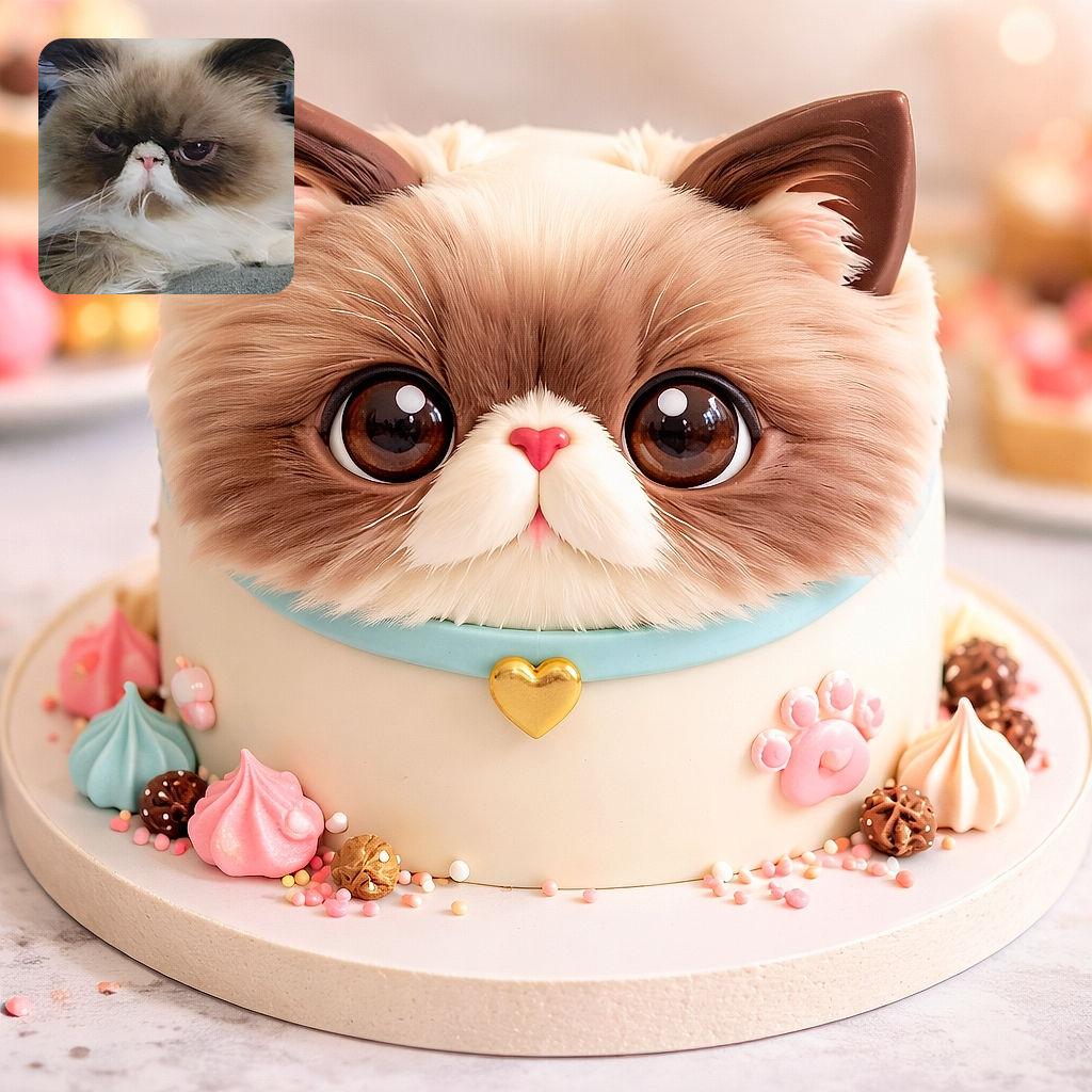 A grumpy, ultra-fluffy cat dominates the frame — flat face, pink button nose, and tragicomic eyes staring like it just remembered an unpaid nap appointment. Soft fur and whiskers fill the foreground while a blurred indoor background keeps the focus on this regal floof.