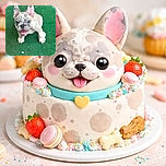 A lively French Bulldog puppy with a speckled face looks up happily with its mouth open, standing on a green textured surface. The photo captures the puppy's joyful expression and adorable ears, though the focus softens towards the body and background.
