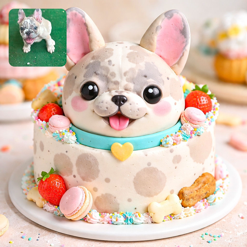 A lively French Bulldog puppy with a speckled face looks up happily with its mouth open, standing on a green textured surface. The photo captures the puppy's joyful expression and adorable ears, though the focus softens towards the body and background.