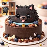 A charming collage of a fluffy black dog playing indoors on a wooden floor, featuring playful moments with toys and a happy panting close-up. The dog looks like it's having a blast with its plush toys, including a funny scene where it appears to be biting into a sweet potato cluster. The lighting highlights the dog's shiny fur and joyful expression, adding warmth to the cozy home setting.