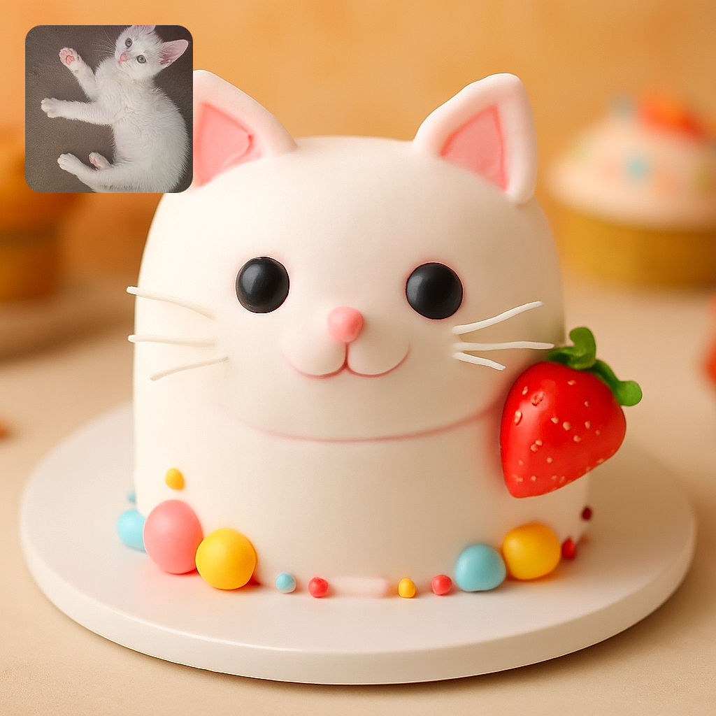 A fluffy white kitten with pink paw pads is lying on a beige surface, looking curiously at the camera with its big green eyes. The cozy indoor setting adds to the charm of this adorable feline moment.