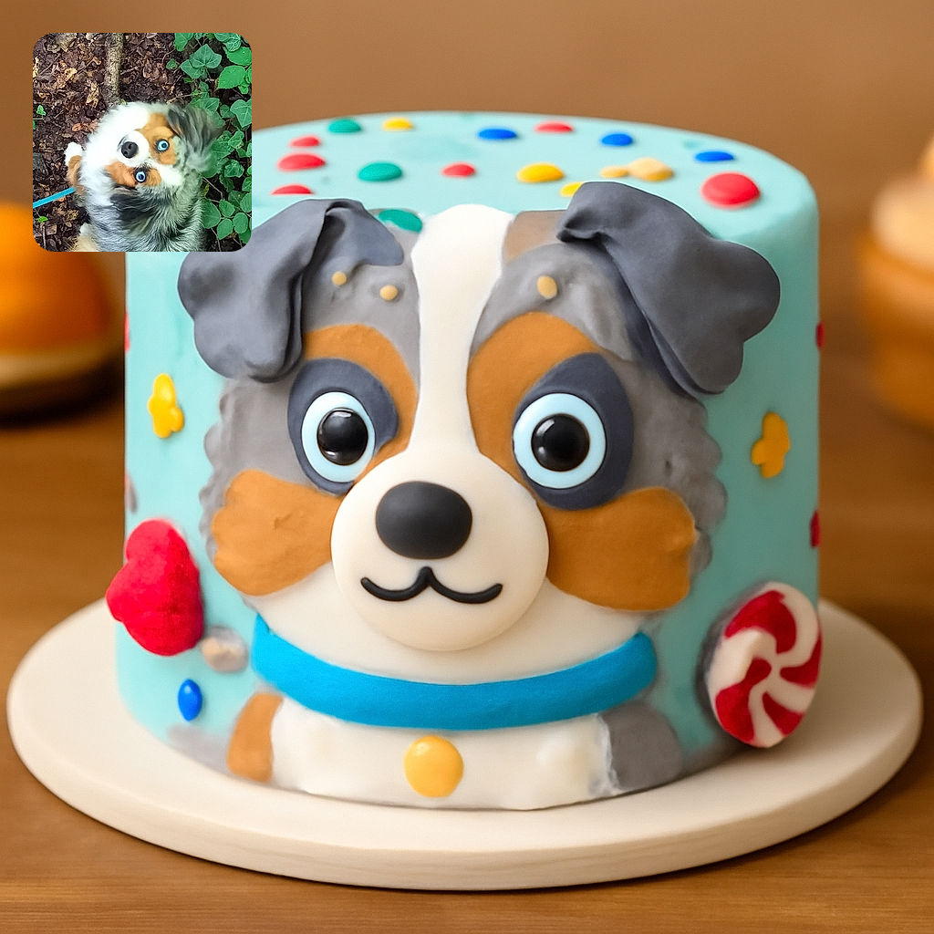 A fluffy dog with striking blue eyes looks up curiously from a leafy forest floor, its fur a mix of white, tan, and gray. The photo captures the dog's expression with a slight blur, adding a playful, spontaneous feel to the outdoor scene.