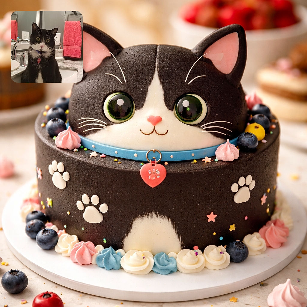 A curious black and white cat with wide eyes is sitting inside a bathroom sink, staring intently at the camera. The background shows a gray wall with a bright pink towel hanging on a towel rack, a mirror reflecting part of the scene, and a marble countertop with a toothbrush and toothpaste in the foreground.