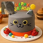 A fluffy gray cat with big, curious amber eyes sits perched on the edge of a wooden table, looking slightly to the side as if plotting its next adventure. The background shows a wire cage and a neutral-colored wall, making the cat the star of this cozy indoor scene.