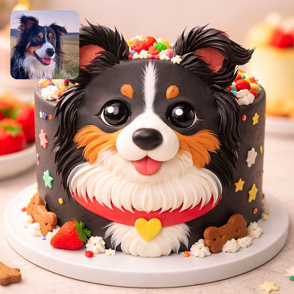 A joyful dog with fluffy black, white, and brown fur is captured outdoors during twilight, with its tongue out and ears perked up, surrounded by a grassy field and a soft pastel sky.