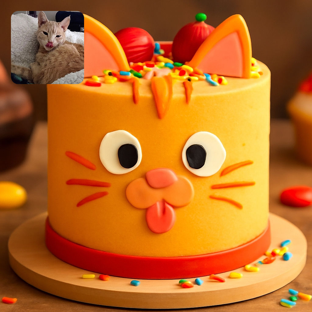 A cozy orange tabby cat lounges on a fluffy white blanket, caught mid-lick with its tongue adorably out, as if savoring an invisible treat or plotting its next nap.