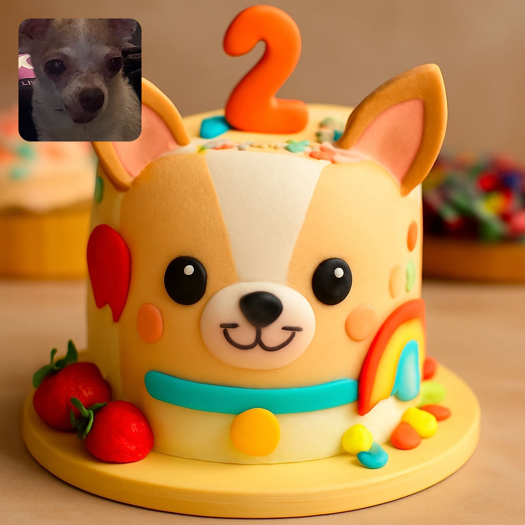 A close-up shot of a small dog, possibly a Chihuahua, with large dark eyes and big ears, captured in low light making the image a bit grainy and shadowy. The background is dim and there is a hint of a person with curly hair behind the dog.
