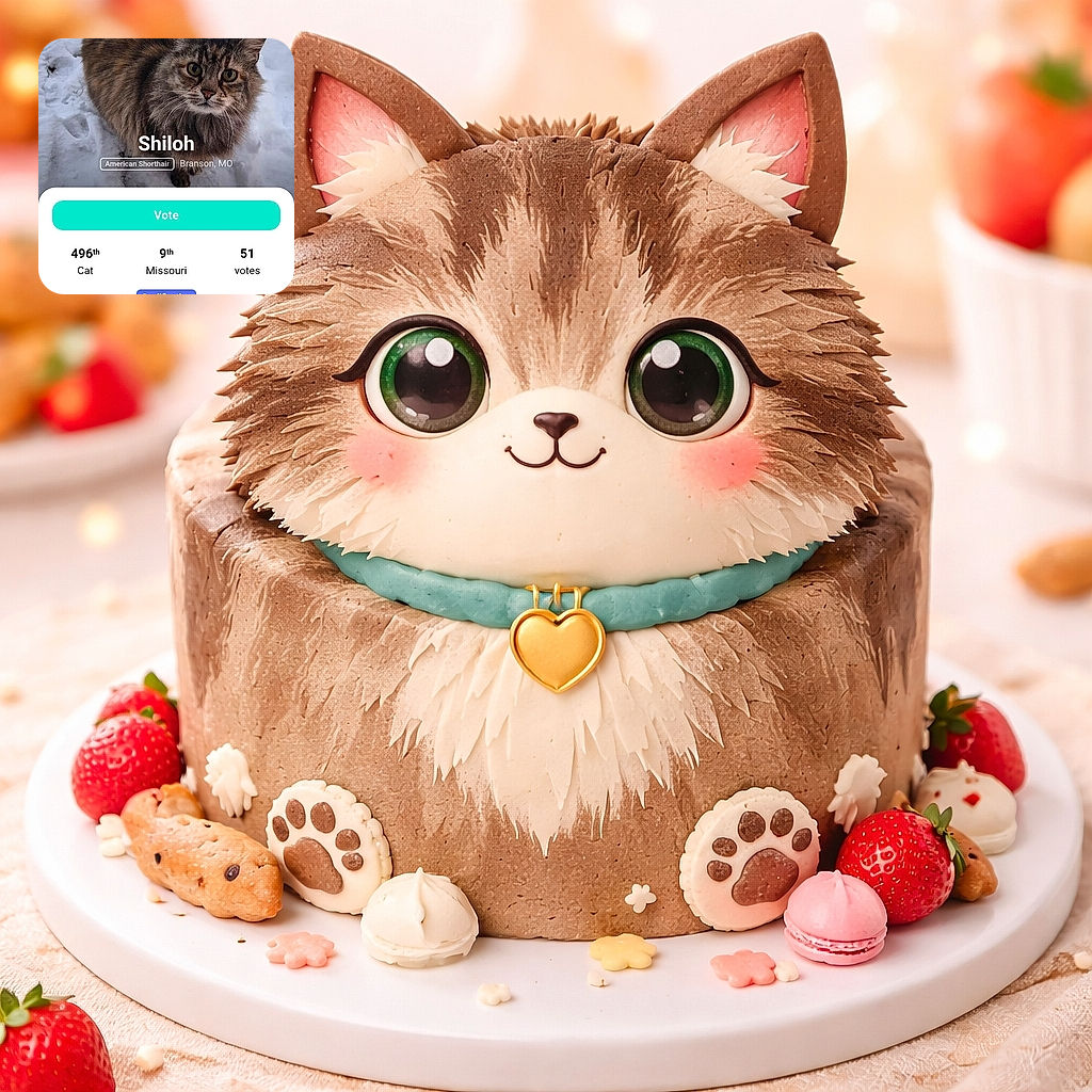 Shiloh the fluffy long-haired cat stares like a furry judge from a snowy yard while a mobile app screenshot overlays voting buttons and rankings — equal parts majestic pet portrait and political campaign for treats.