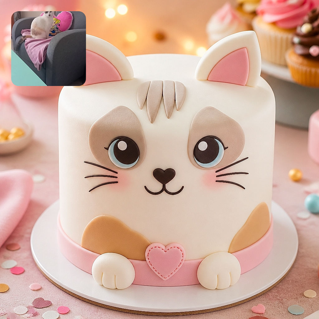 A white-and-gray cat sits proudly on a pink blanket in a gray armchair, looking like it has just been promoted to manager of the living room. A colorful cartoon cushion provides backup, while the turquoise coffee table dramatically occupies the foreground.