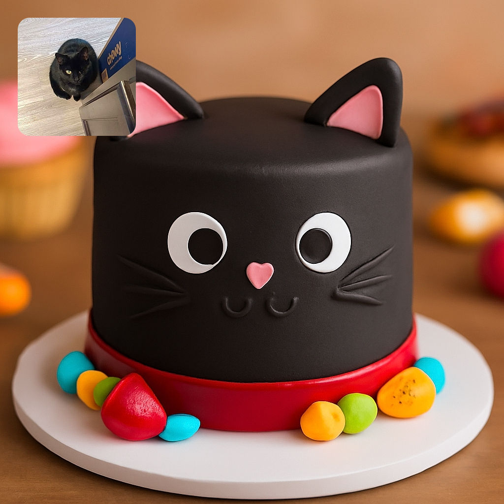 A cute black cat with one eye sitting on a light wooden floor, looking up inquisitively near a cardboard box labeled 'cherry'. The photo is a casual snapshot with natural lighting and a homey atmosphere.