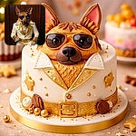 A deadpan dog-channeling-Elvis in aviator sunglasses and a sequined gold-collared white suit, sitting like a VIP against a wood-paneled backdrop — paw cocked as if ready to sign autographs while reflecting a tiny skyline in its shades.