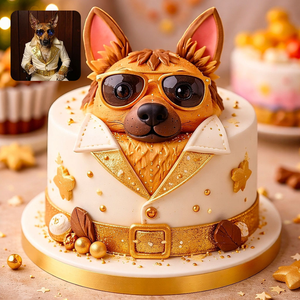 A deadpan dog-channeling-Elvis in aviator sunglasses and a sequined gold-collared white suit, sitting like a VIP against a wood-paneled backdrop — paw cocked as if ready to sign autographs while reflecting a tiny skyline in its shades.