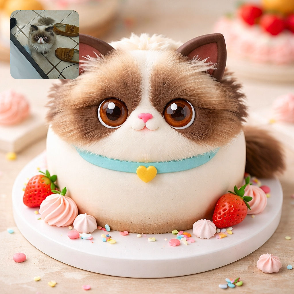 A fluffy, wide-eyed Persian/Himalayan cat stares up like it's plotting a cuddle heist — surrounded by slippers on tile, tail fluffed and utterly unimpressed with human footwear choices.