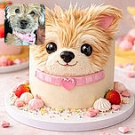 A close-up photo of a fluffy, adorable dog with a scruffy coat and a pink collar, being held by a person partially visible in the background. The dog's curious eyes and slightly tousled fur give it a charming, playful look.