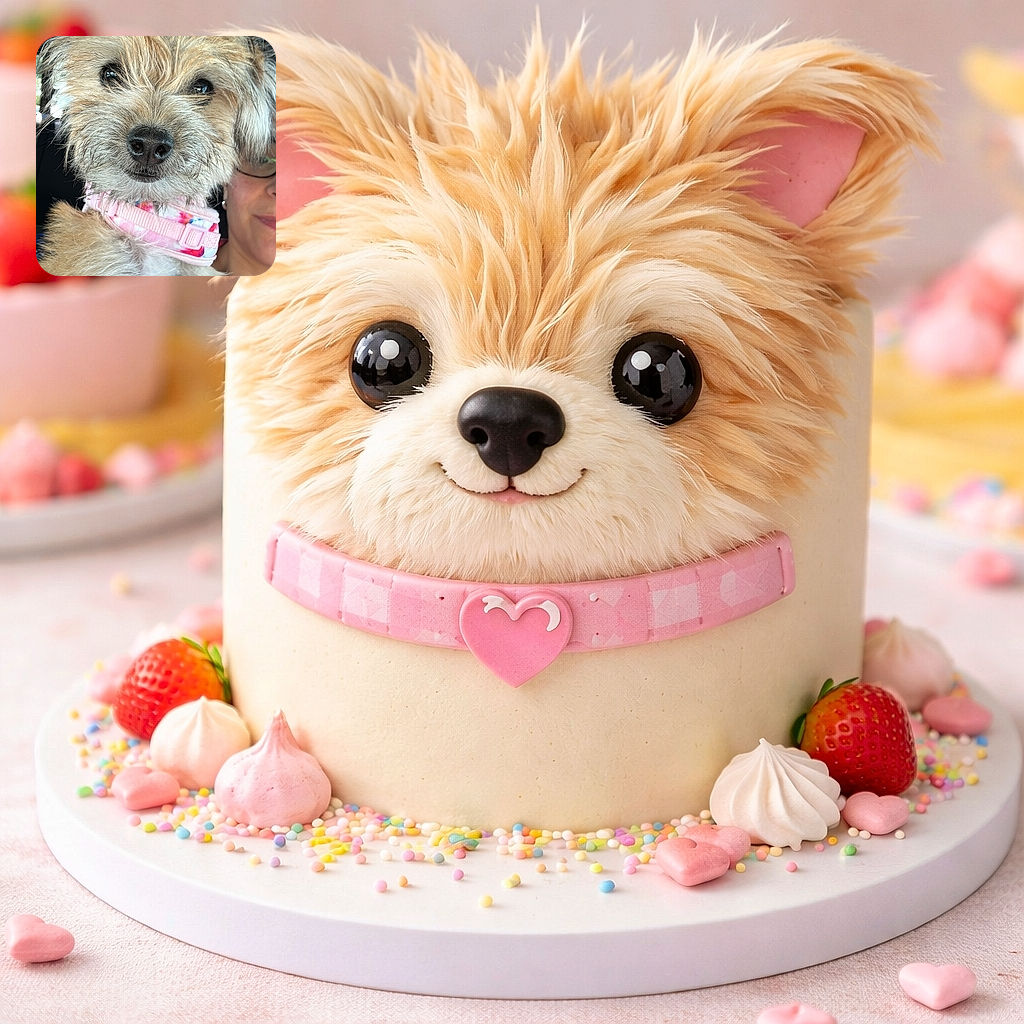 A close-up photo of a fluffy, adorable dog with a scruffy coat and a pink collar, being held by a person partially visible in the background. The dog's curious eyes and slightly tousled fur give it a charming, playful look.