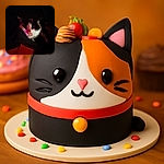 A calico cat lounges comfortably on a dark fabric with a warm red background, bathed in soft, moody lighting that highlights its curious eyes and delicate whiskers, giving it a mysterious yet cozy vibe.