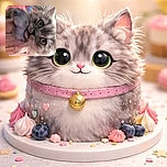 A close-up photo of a fluffy gray cat with big, wide eyes looking curiously at the camera. The image is slightly blurry and tilted, giving it a spontaneous and candid feel. The background is colorful but out of focus, emphasizing the cat's face.