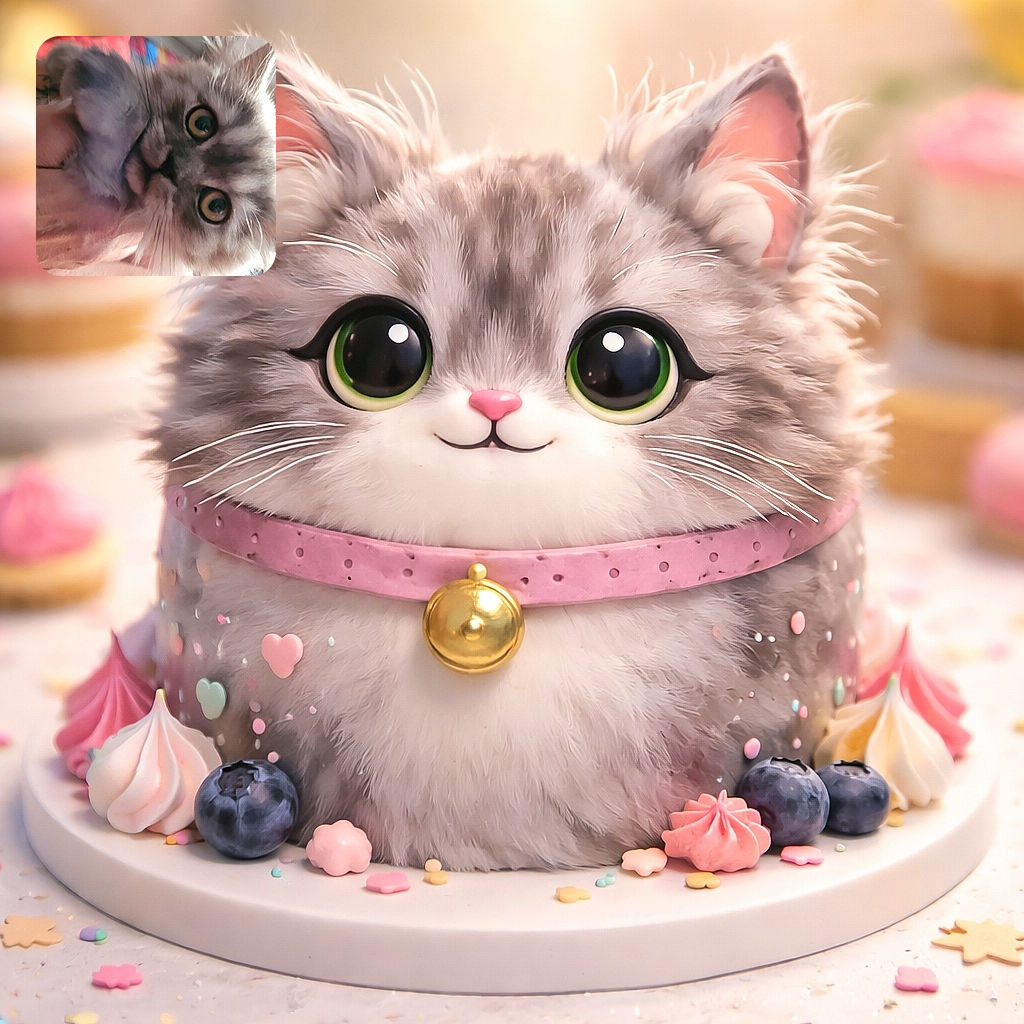 A close-up photo of a fluffy gray cat with big, wide eyes looking curiously at the camera. The image is slightly blurry and tilted, giving it a spontaneous and candid feel. The background is colorful but out of focus, emphasizing the cat's face.