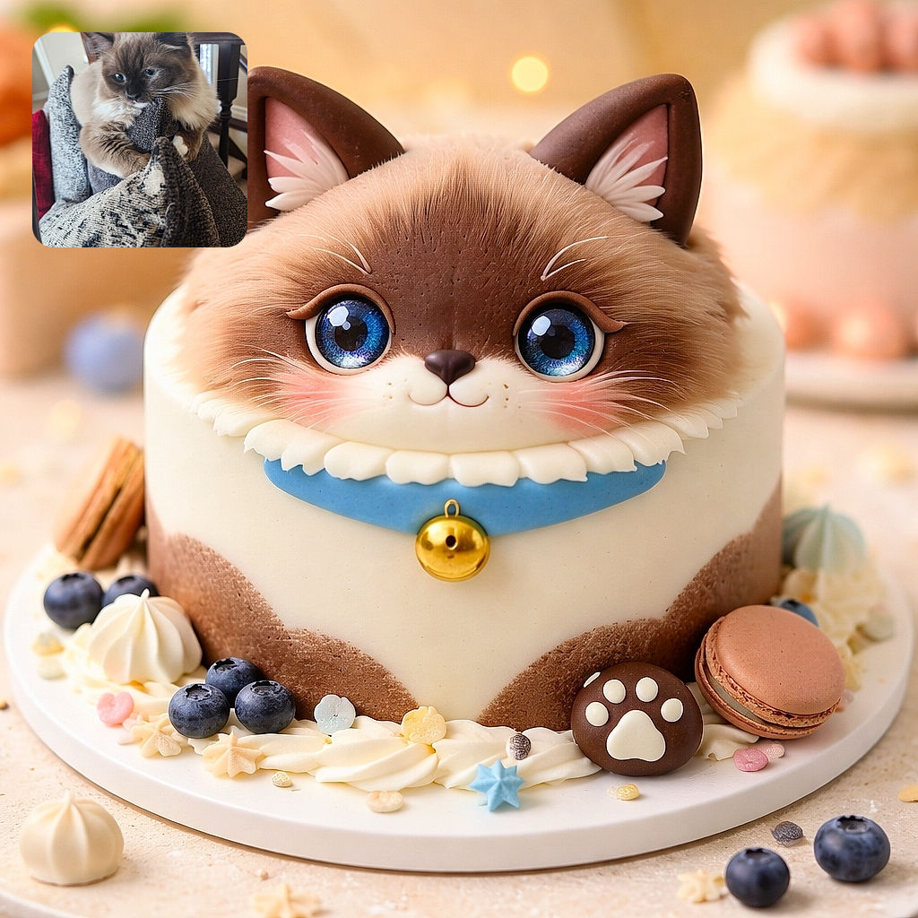 A fluffy, blue-eyed Ragdoll-style cat has commandeered a stack of cushions like a royal throne, draping its paws over the peak and staring thoughtfully into the middle distance as if plotting snack schedules. The soft fur, whiskers and cozy pillows create a plush, indoor vignette with a staircase and railing blurred in the background.