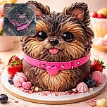 A close-up photo of a small dog with a fluffy coat and a pink collar, sticking its tongue out slightly. The image is vertically framed with black bars on the sides, focusing on the dog's expressive face and soft fur.