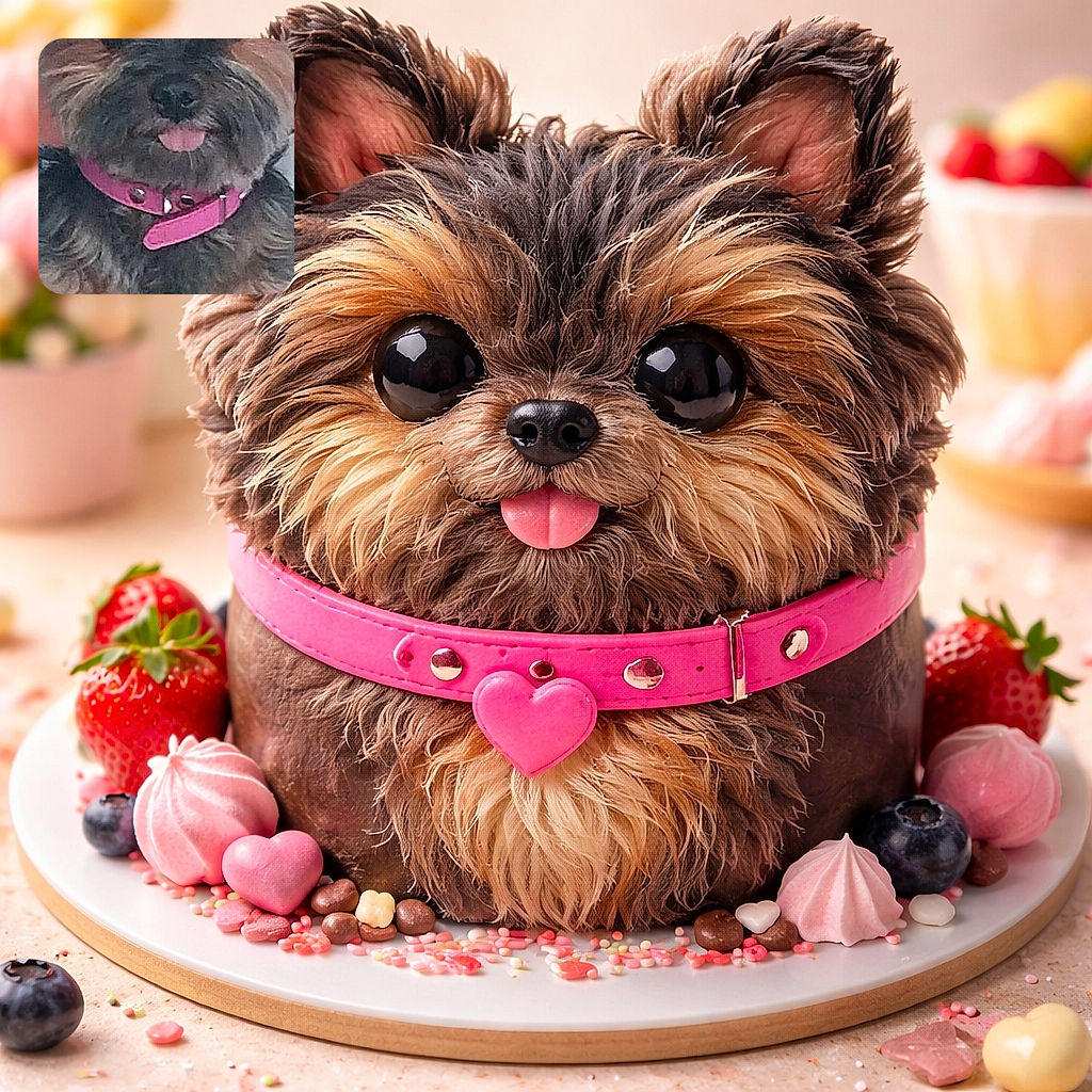 A close-up photo of a small dog with a fluffy coat and a pink collar, sticking its tongue out slightly. The image is vertically framed with black bars on the sides, focusing on the dog's expressive face and soft fur.