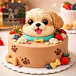 A fluffy, happy dog sits proudly on a wooden sled in front of a cozy fireplace backdrop with Christmas presents and a decorated tree, spreading festive cheer with its adorable smile.