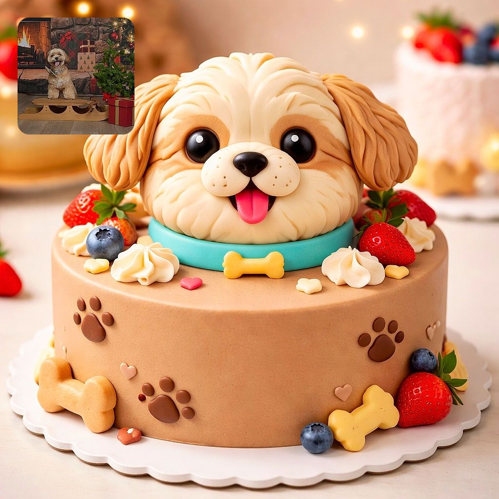 A fluffy, happy dog sits proudly on a wooden sled in front of a cozy fireplace backdrop with Christmas presents and a decorated tree, spreading festive cheer with its adorable smile.