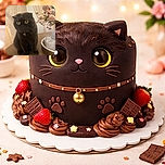 A fluffy black cat with big yellow eyes and folded ears sits on a wooden table next to a decorative tray holding white candles and a bouquet of soft pink flowers, looking curiously at the camera with a tiny bell on its collar.