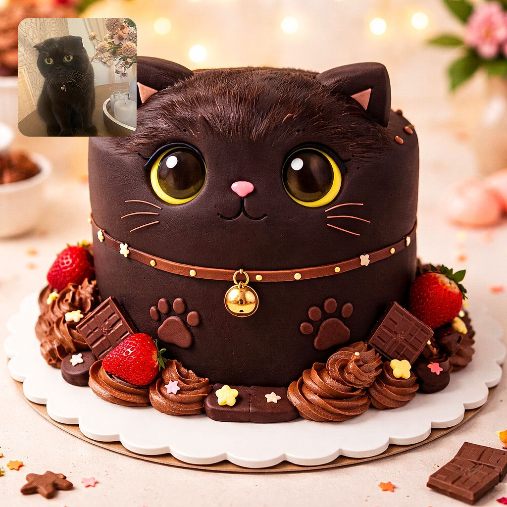 A fluffy black cat with big yellow eyes and folded ears sits on a wooden table next to a decorative tray holding white candles and a bouquet of soft pink flowers, looking curiously at the camera with a tiny bell on its collar.