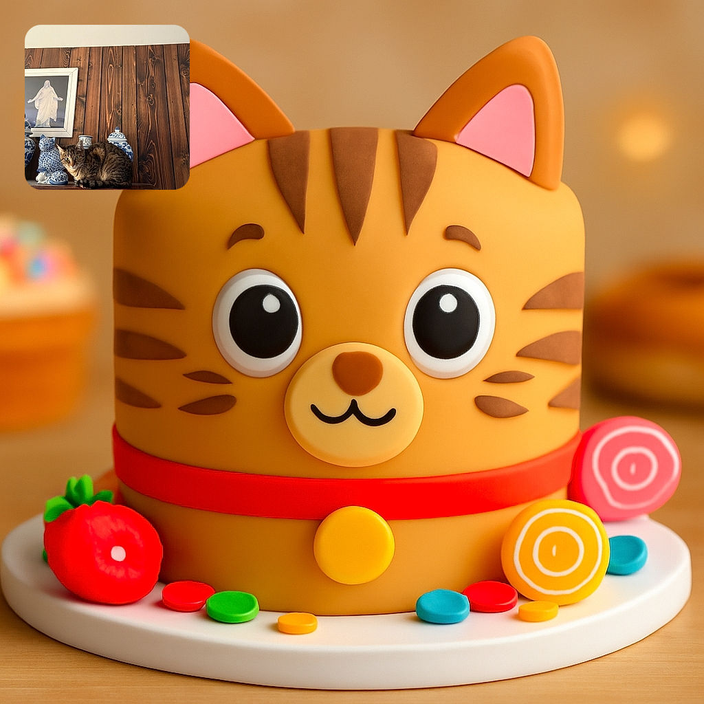 A curious tabby cat perched among blue and white ceramic vases and figurines on a wooden shelf, with a framed picture of a statue hanging on a rustic wood-paneled wall in the background.