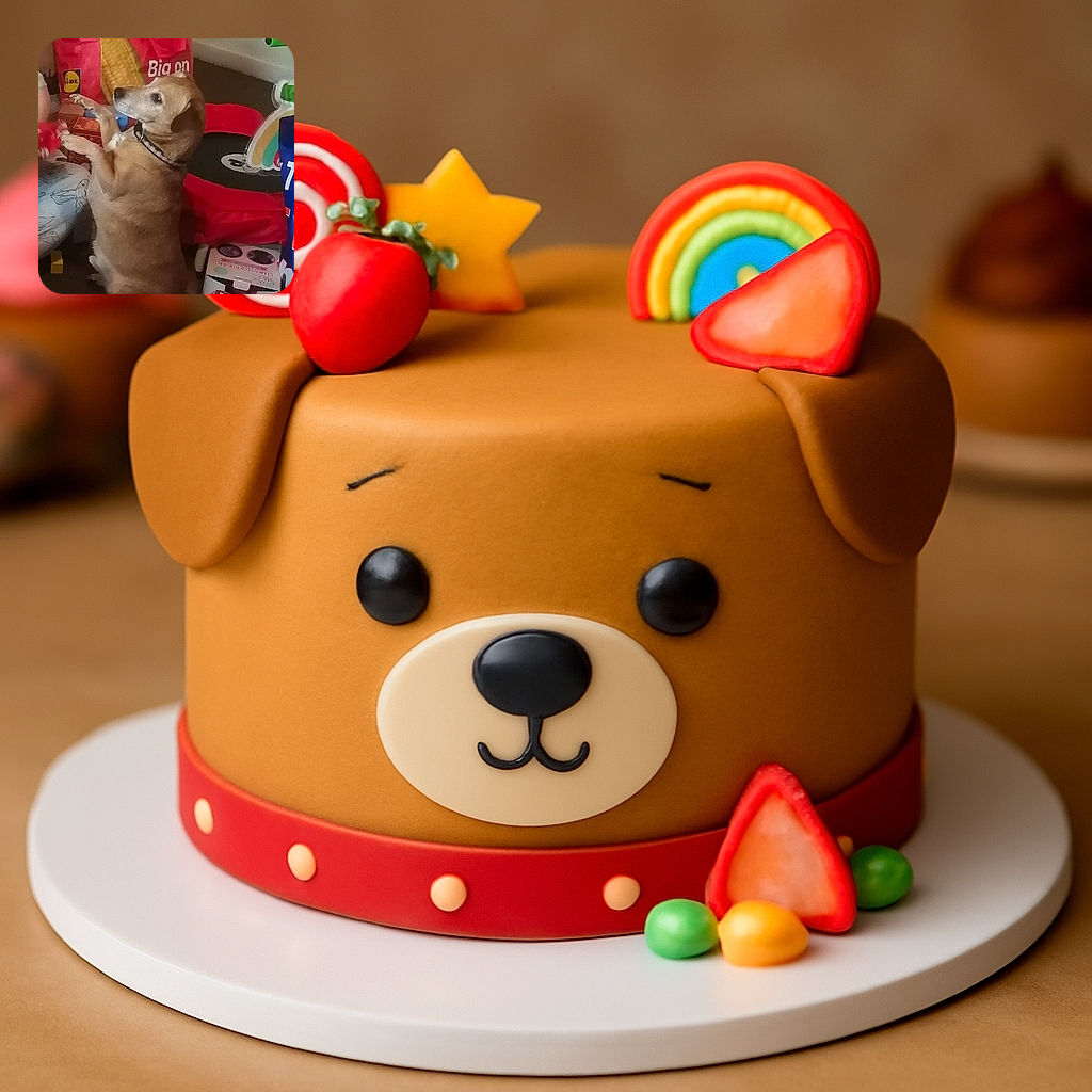 A chubby dog sits upright on its hind legs like a little human begging for treats, surrounded by colorful bags and wrapped presents, making it look like the star of a festive indoor party.