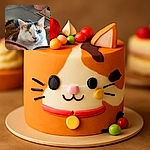 A charming calico cat with one eye winking playfully while resting comfortably on a brown cushion, with a bowl of food in the background adding a cozy home vibe.